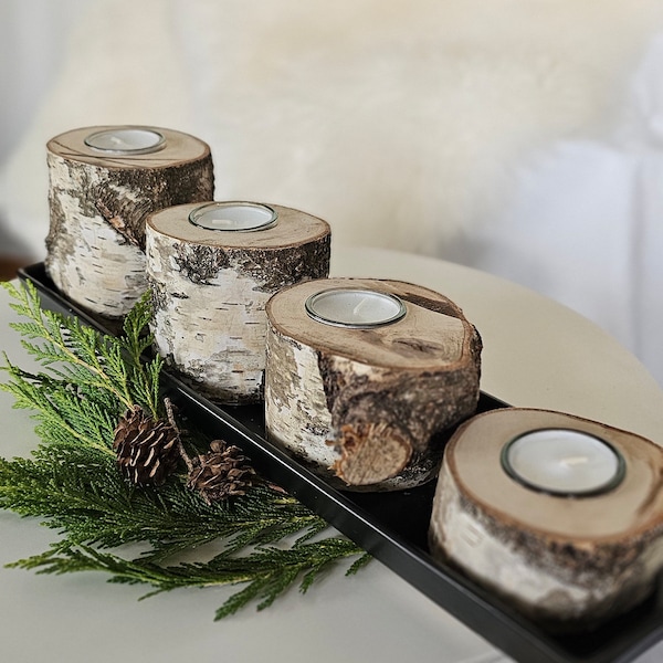 Holzkerzen | Birkenholzkerzenhalter | Teelichthalter nachhaltig | Adventskranz Birkenholz 4er Set | Weihnachtsdeko | Winterdeko | Naturdeko