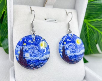 Vincent Van Gogh earrings, Starry Night Painting, Handcrafted Resin