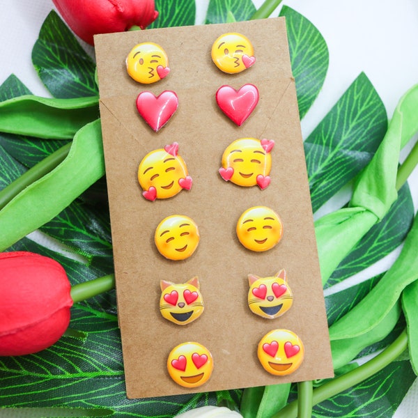 Stud earrings with love emoji, heart, love face, kiss and kitten