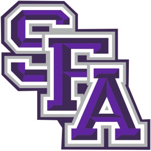 Puede incluir: Logotipo morado y blanco con las letras "SFA" en diseño 3D. Las letras tienen contornos blancos y grises, con efecto de sombra. El logotipo está sobre un fondo blanco.
