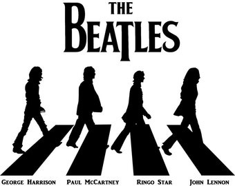 May include: Black and white silhouette image of the Beatles walking across a crosswalk. The text "THE BEATLES" is above the image. The names "GEORGE HARRISON", "PAUL MCCARTNEY", "RINGO STAR", and "JOHN LENNON" are below the image.