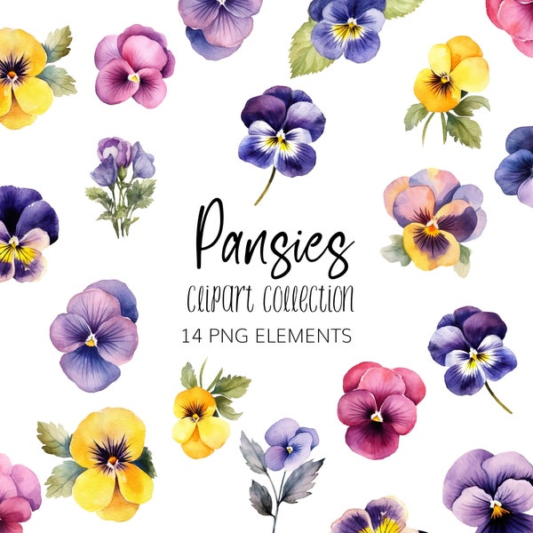 Pansies Watercolor Clipart Set - PNG - Instant download