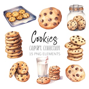 Watercolor Chocolate Chip Cookie Clipart Set - PNG - Instant download
