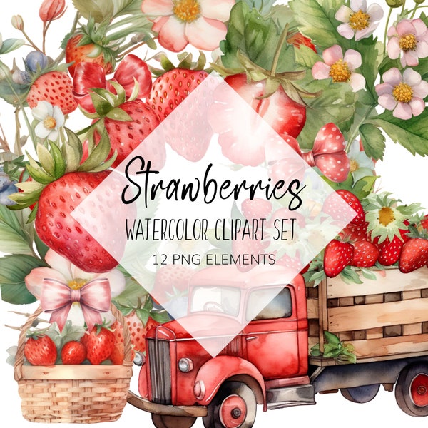 Watercolor Strawberry Clipart - PNG - Instant download