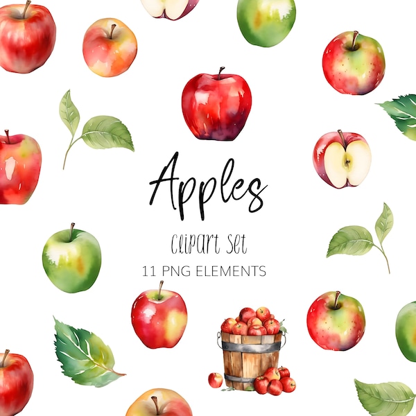 Watercolor Apple Clipart Set - PNG - Instant download