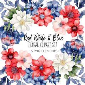 Aquarell rote weiße und blaue Blumen Clipart - 4. Juli - PNG - Sofort download