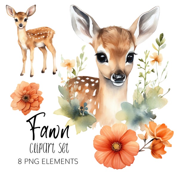 Watercolor Fawn Clipart Set- PNG - Instant download