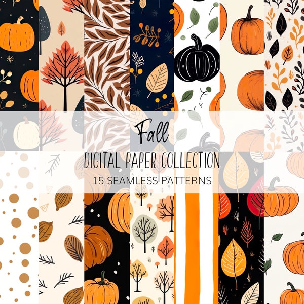 Fall Digital Paper Set, Autumn, Seamless Patterns - Instant download