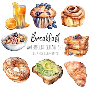 Watercolor Breakfast Foods Clipart - PNG - Instant download