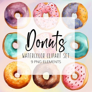 Watercolor Donut Clipart - PNG - Instant download