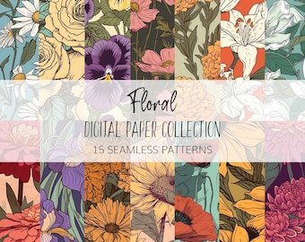 Floral Digital Paper Set, Seamless Patterns - Instant download
