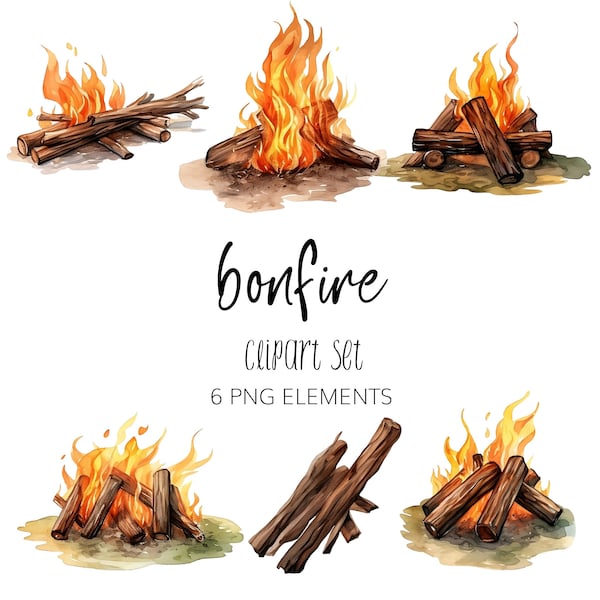 Watercolor Bonfire Clipart Set - Campfire Clipart - PNG - Instant download