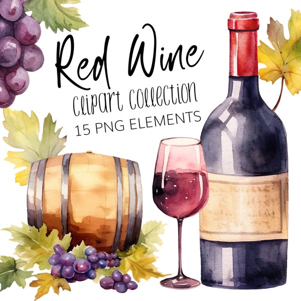 Watercolor Red Wine Clipart Set - PNG - Instant download