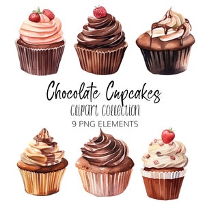 Watercolor Chocolate Cupcakes Clipart Set - PNG - Instant download