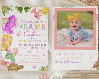 Girl Dinosaur Birthday Invitation, Girl First Birthday Party Invitation, Stomp Chomp Roar, Editable Birthday Party Invitation Template