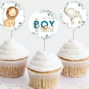 Safari Baby Shower Cupcake Toppers, Greenery Baby Shower Cupcake Toppers, Jungle Animals Baby Shower, Editable Cake Topper, Instant Download