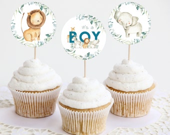 Safari Baby Shower Cupcake Toppers, Jungle Animals, Editable (Instant Download)