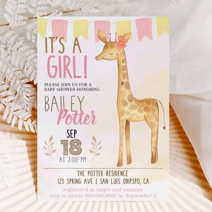 Giraffe Baby Shower Invitation Girl, Editable Baby Shower Invitation, Printable Baby Shower Invite