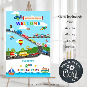 Transportation Birthday Party Welcome Sign, Cars Birthday Party Sign, Boy Birthday Party Sign, Kids Birthday Party Decor, Editable