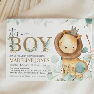 Leeuw baby shower uitnodiging, baby shower uitnodiging jongen, eucalyptus groen baby shower uitnodiging, bewerkbare sjabloon