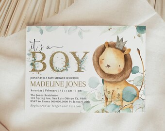 Lion Baby Shower Invitation, Eucalyptus Greenery (Editable Template)