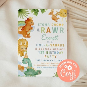 Dinosaur Birthday Party One Year Old Invitation, Stomp Chomp Roar Invitation, Editable Birthday Party Invitation Template, Printable