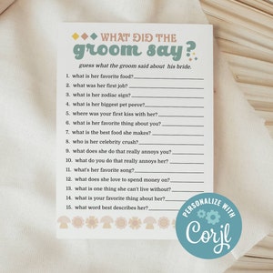 What Did the Groom Say, Retro Bridal Shower Game, Printable Bachelorette Pary Game, Editable Template