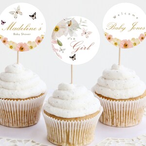Toppers cupcake per baby shower con farfalle, toppers cupcake con fiori, decorazioni per baby shower per ragazze, toppers per torte per feste, download immediato stampabile