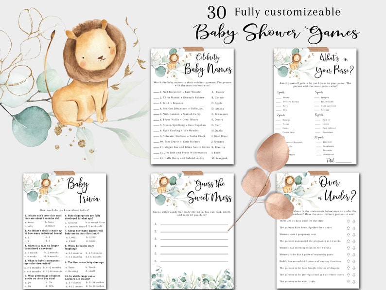 Może przedstawiać: Zestaw drukowanych gier na baby shower z uroczą ilustracją lwa z akwarelowymi zielonymi liśćmi i złotymi błyskotkami. Gry obejmują "Znane imiona dzieci", "Co jest w Twojej torebce", "Quiz o dzieciach", "Zgadnij słodki bałagan" i "Więcej czy mniej?"