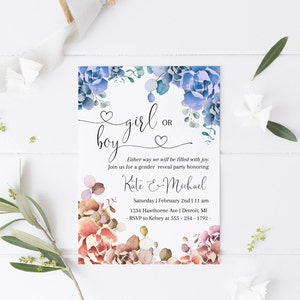Gender Reveal Invitation, Floral Gender Reveal Invite, Blue and Pink Gender Reveal Invitation, Digital Gender Reveal Invite