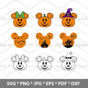May include: Set of nine Halloween-themed pumpkin Mickey Mouse head SVG cut files. The pumpkins are orange with black eyes and a black smile. Some pumpkins have a witch's hat, a bow, bats, a haunted house, or a spider web.