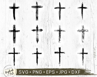 Op de afbeelding: Een set van 12 zwart-witte kruis SVG-snijbestanden. De kruisen zijn getekend met een penseelstreek-effect. De kruisen zijn gerangschikt in drie rijen van vier. De tekst "SVG PNG EPS JPG DXF" staat onderaan de afbeelding.