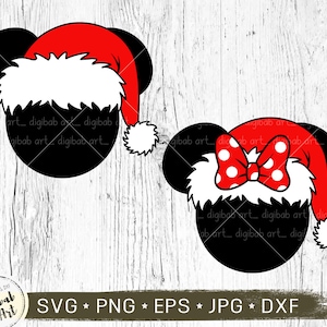 Cabeça de rato de Natal SVG, Natal Mickey, Santa Mickey, Minnie Santa SVG, orelhas de rato svg, chapéu de Papai Noel, camiseta, png dxf eps
