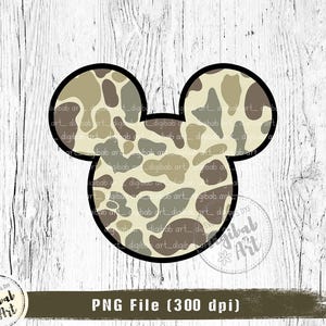 May include: A Mickey Mouse head shape with a camouflage pattern in shades of tan, brown, and grey, outlined in black. The image includes the text "PNG File (300 dpi)" in a brown banner.