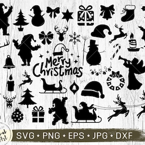 Lot de Noël Silhouette SVG, png dxf, arbre de Noël, décorations de Noël, éléments de Noël, silhouette du père Noël, couronne, cadeaux de Noël