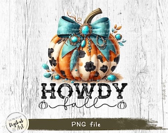 Cowhide Pumpkin PNG: Western Fall, Turquoise Bow (Digital Download)