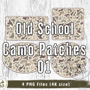 May include: Four digital camouflage patches in a brown, tan, and green color scheme. The patches are labeled "Old School Camo Patches 01".