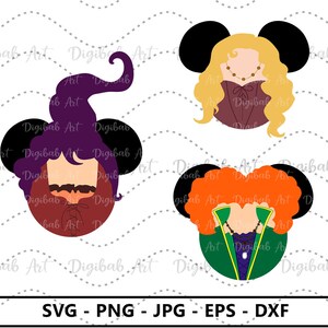 May include: Three Halloween-themed character illustrations with Mickey Mouse ears. The first character is a purple-haired witch wearing a red dress. The second character is a blonde woman with a red dress and a gold necklace. The third character is a red-haired witch wearing a green jacket and a gold necklace.
