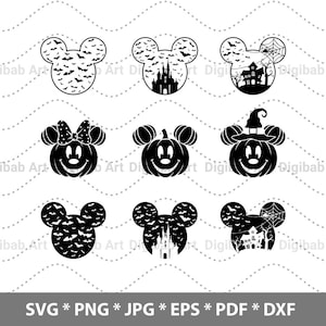 May include: Set of ten black and white Halloween-themed SVG cut files featuring Mickey Mouse and Minnie Mouse. The designs include Mickey and Minnie Mouse heads with bats, a haunted house, a spider web, and a pumpkin.