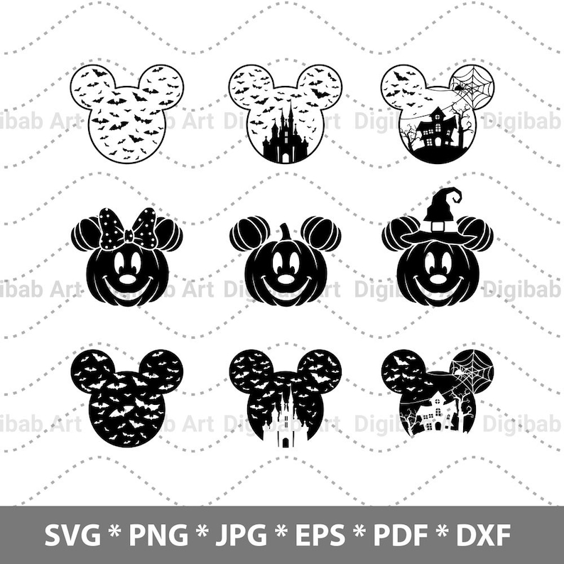 May include: Set of ten black and white Halloween-themed SVG cut files featuring Mickey Mouse and Minnie Mouse. The designs include Mickey and Minnie Mouse heads with bats, a haunted house, a spider web, and a pumpkin.
