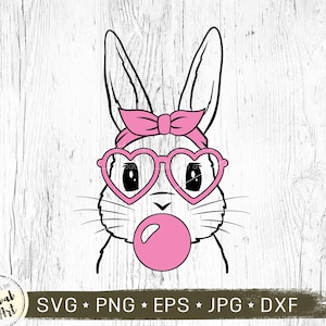 May include: A black and white line drawing of a bunny wearing pink heart-shaped sunglasses and a pink headband with a bow. The bunny is blowing a pink bubble.