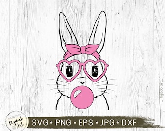 Cute Bunny svg, Face bubblegum, Bunny Bandana svg, Heart Glasses, svg cut file, bunny face svg, easter bunny, instant download, png dxf