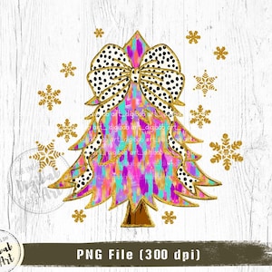 Colorful Christmas Tree PNG, Gold Glitter PNG, Instant download, Sublimation Design, Coquette Bow Png
