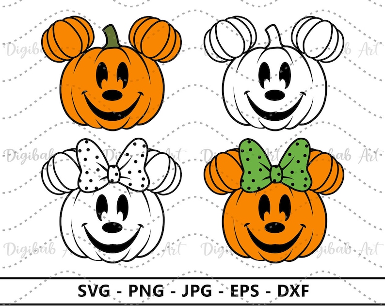 May include: Four pumpkin designs featuring Mickey Mouse and Minnie Mouse. The pumpkins are orange and white with black facial features. Two pumpkins have black polka dot bows and two have green polka dot bows.