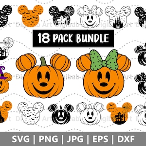 May include: A set of 18 Halloween-themed SVG cut files featuring Mickey Mouse and Minnie Mouse pumpkins, ghosts, bats, and a haunted house. The text "18 PACK BUNDLE" is displayed at the top of the image.