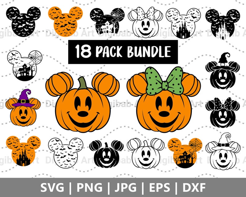 May include: A set of 18 Halloween-themed SVG cut files featuring Mickey Mouse and Minnie Mouse pumpkins, ghosts, bats, and a haunted house. The text "18 PACK BUNDLE" is displayed at the top of the image.