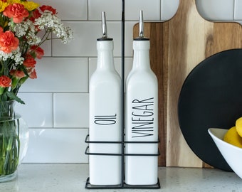 Heartland Home Ceramic Olive Oil and Vinegar Dispenser Set. 21oz Bottles, Kitchen Caddy, 3 Oil Pourer Spouts and Funnel! (White)