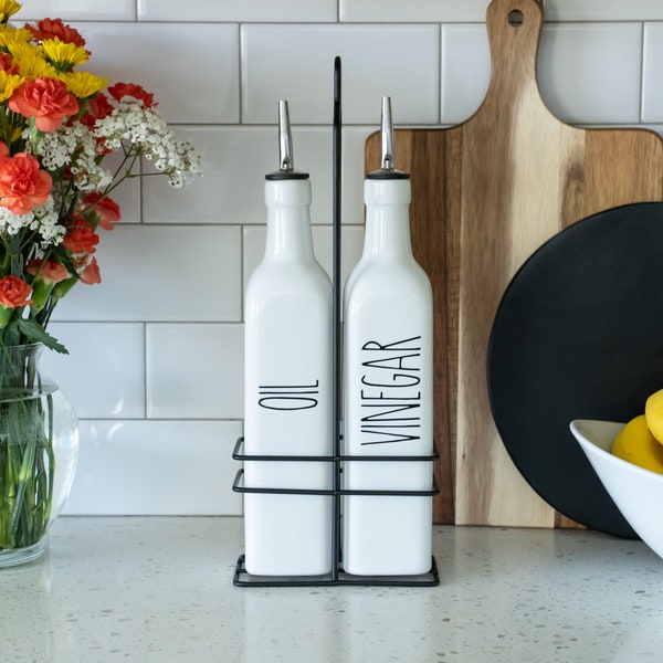 Heartland Home Ceramic Olive Oil and Vinegar Dispenser Set. 21oz Bottles, Kitchen Caddy, 3 Oil Pourer Spouts and Funnel! (White)