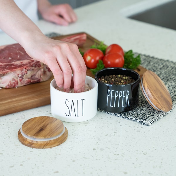 Heartland Home Ceramic Salt Cellar Set with Acacia Wood Lids.  Black and White 9oz Stoneware Stackable Salt and Pepper Container Set
