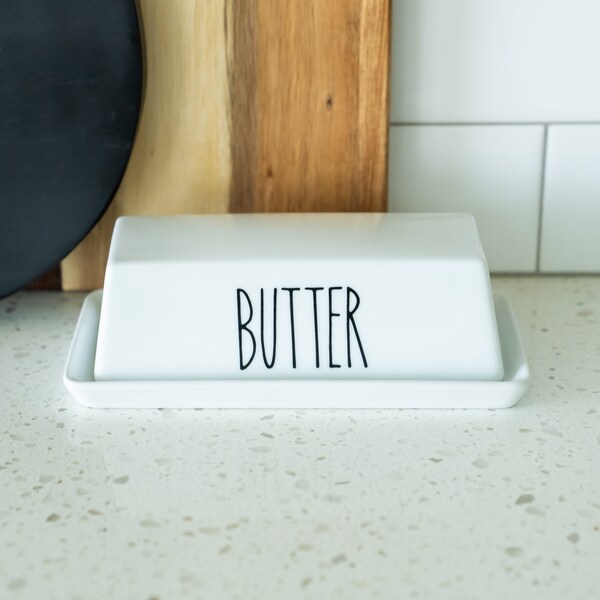 Heartland Home Porcelain Covered Butter Dish with Tray and Lid w/o Handle for Countertop.  7.6" x 3.8" Butter Keeper for One Stick of Butter